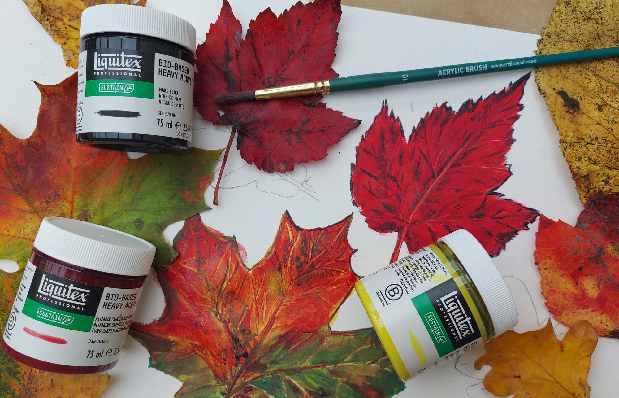 Liquitex Bio-Based pots of acrylic paint lying on a painting of an autumnal glowing red leaf, surrounded by real leaves.