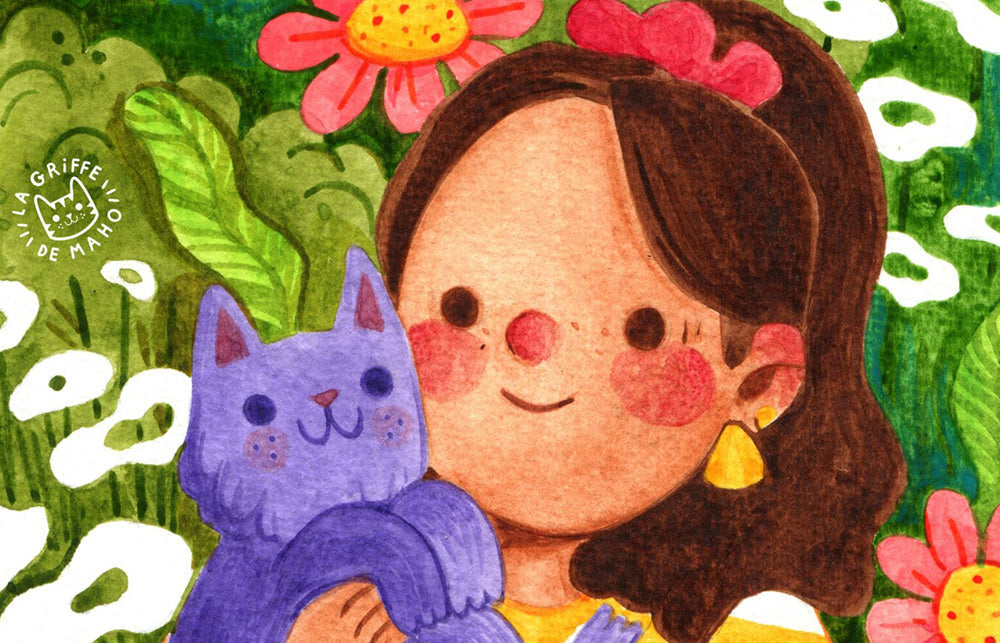 Illustration of a little girl with a striped yellow t-shirt holding a purple cat by French illustrator Clémence Guillemaud.