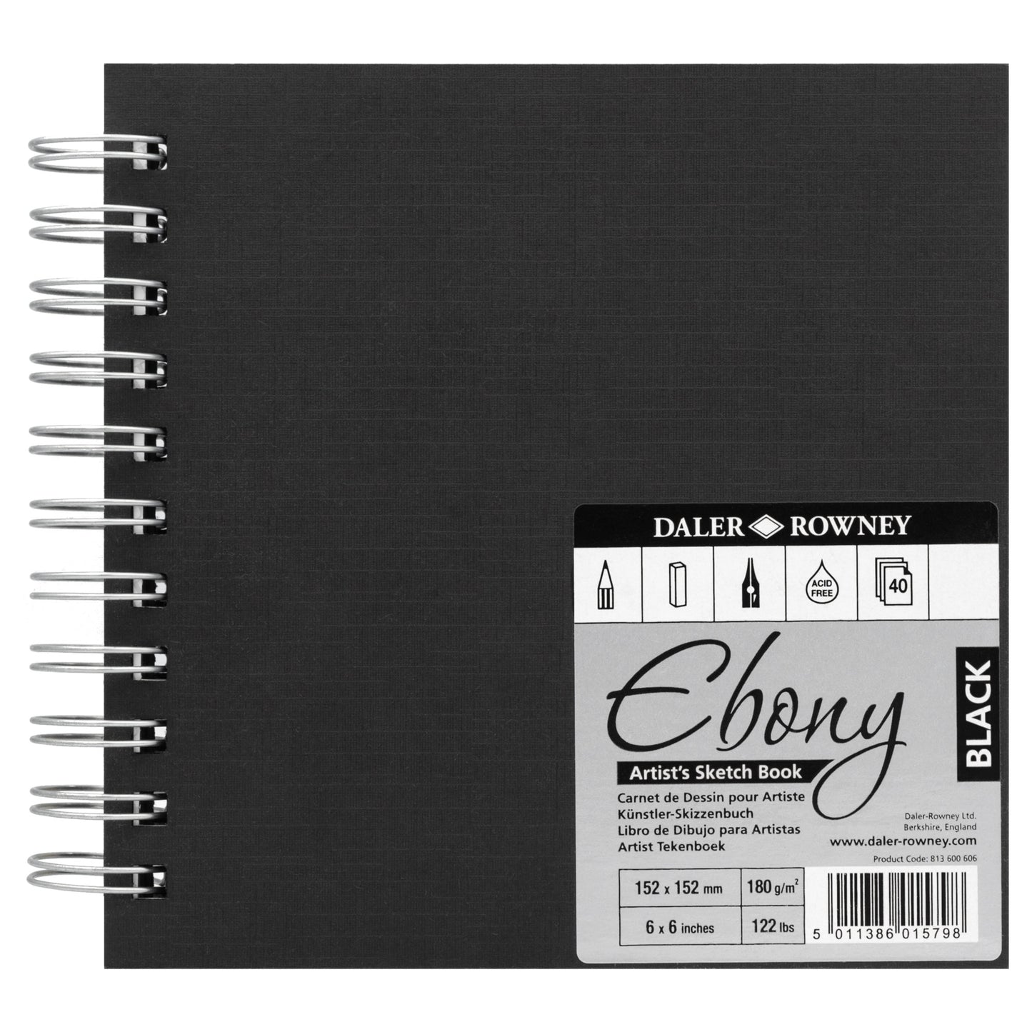Daler-Rowney Ebony Hardback Artists' Sketchbook - 6 x 6 inches - 180gsm - 40 Sheets
