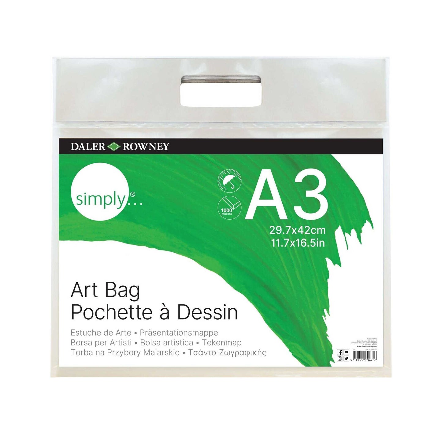 Protective plastic carrier with cardboard inserts for storing and carrying artwork.