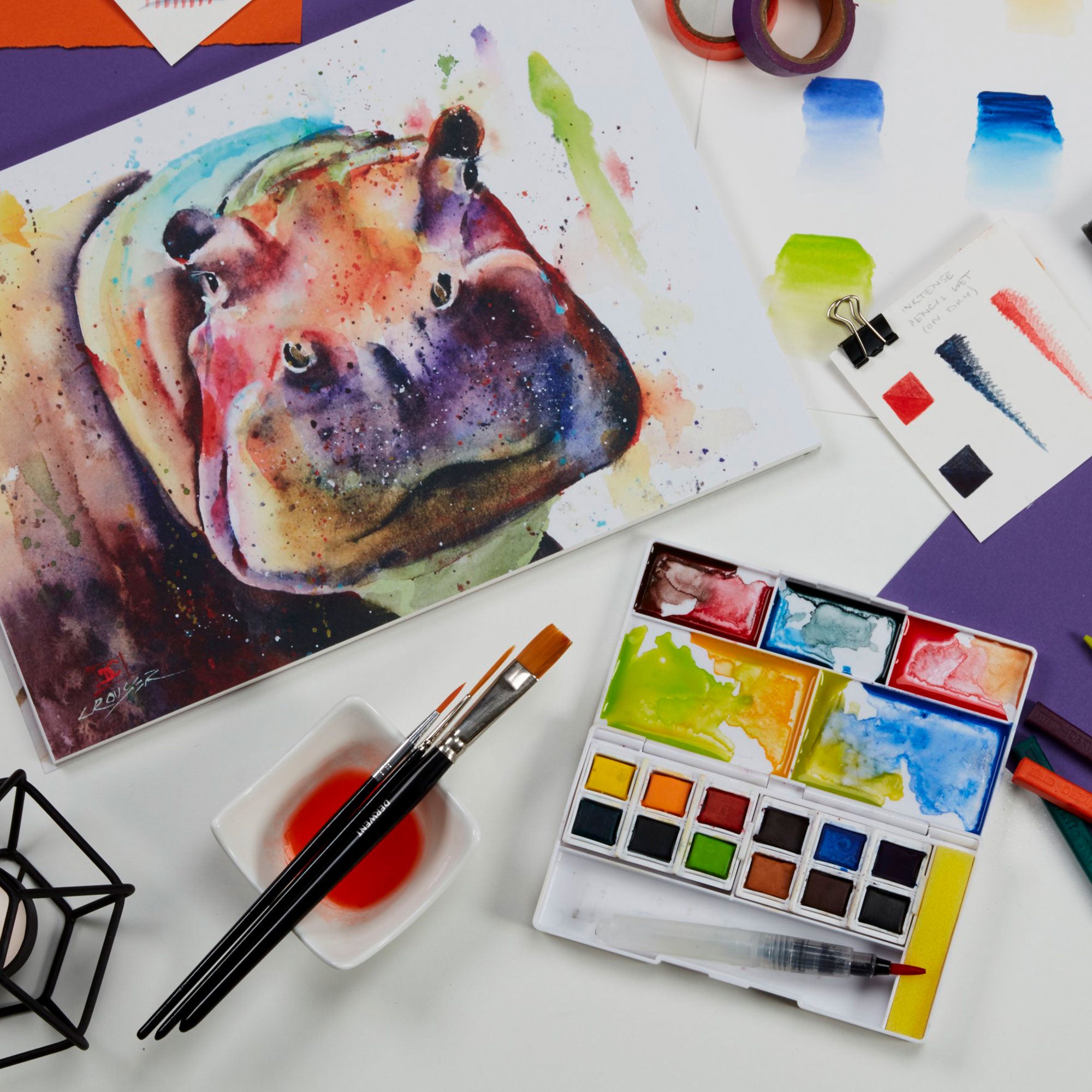 Derwent Inktense 12 Paint Pan Travel Set #1 - In situ with a colourful, vivid painting of a hippo