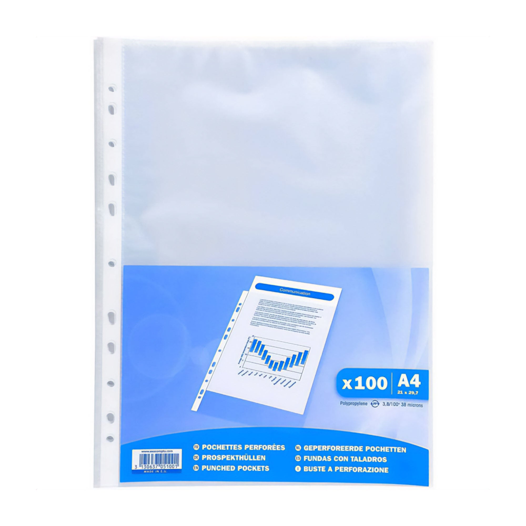 Bag of 100 Plastic Transparent Punched Pockets/Sleeves (A4 / 38 microns)