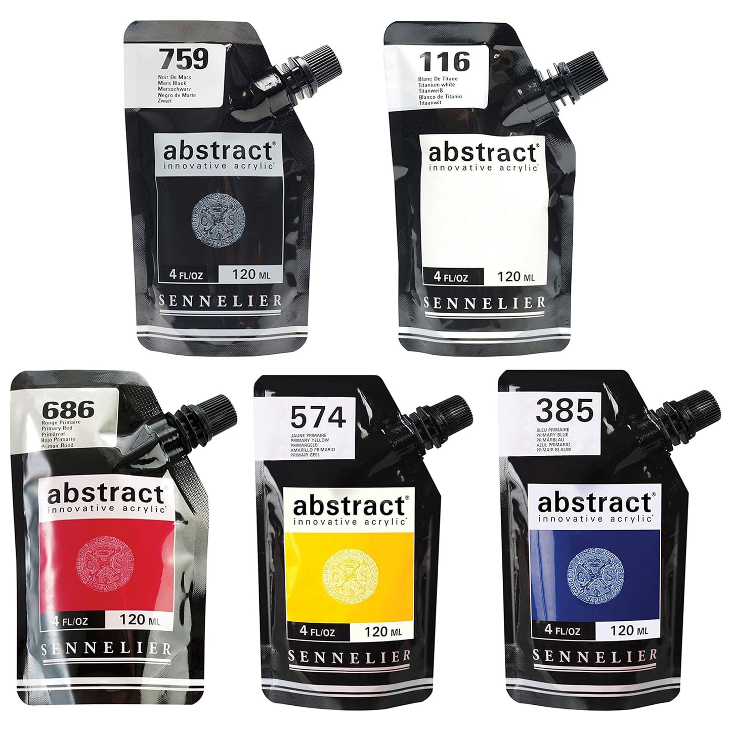 Sennelier Abstract Acrylic Paint Pouches - 5 x 120ml - Primary Set - Pouches