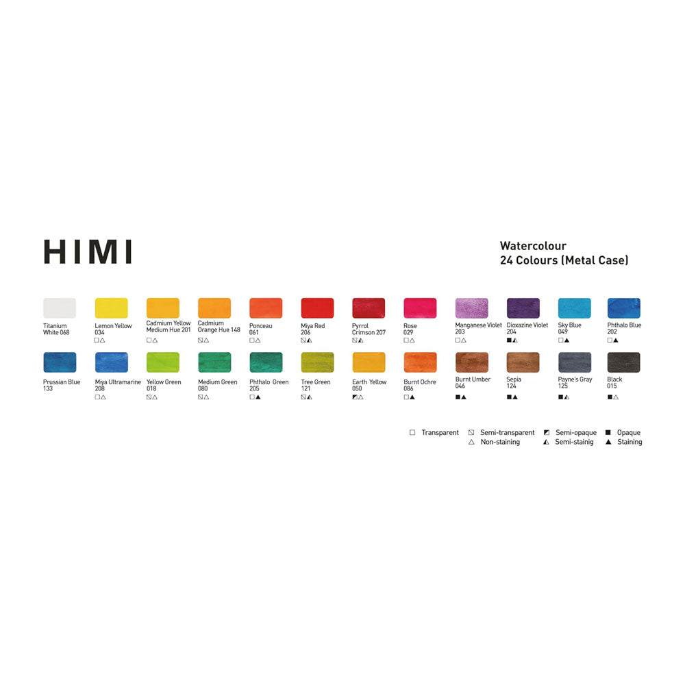 HIMI : Solid Watercolour : Set of 24 Half Pans : 1 Brush Included : Metal Case