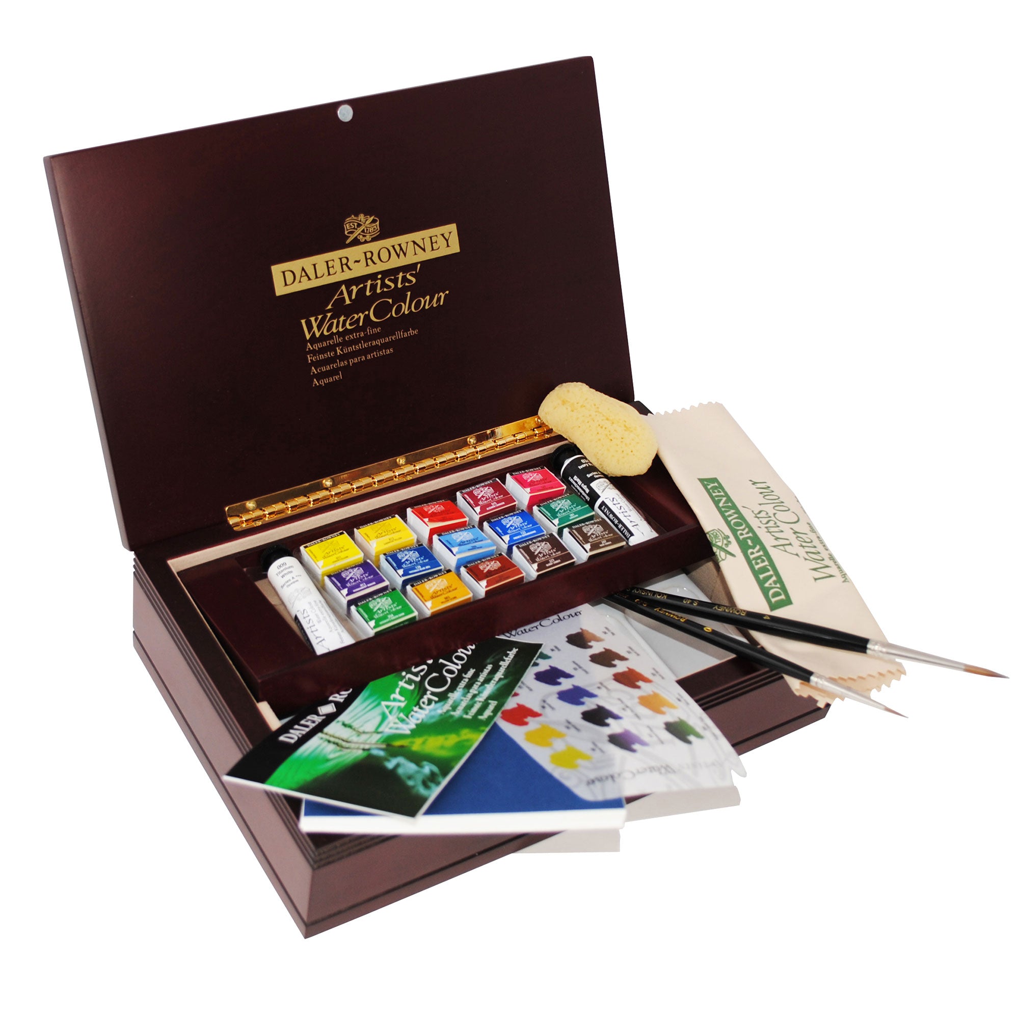 Daler-Rowney Artists Watercolour Half Pan Deluxe Wooden Box Set - Professional Quality, box open