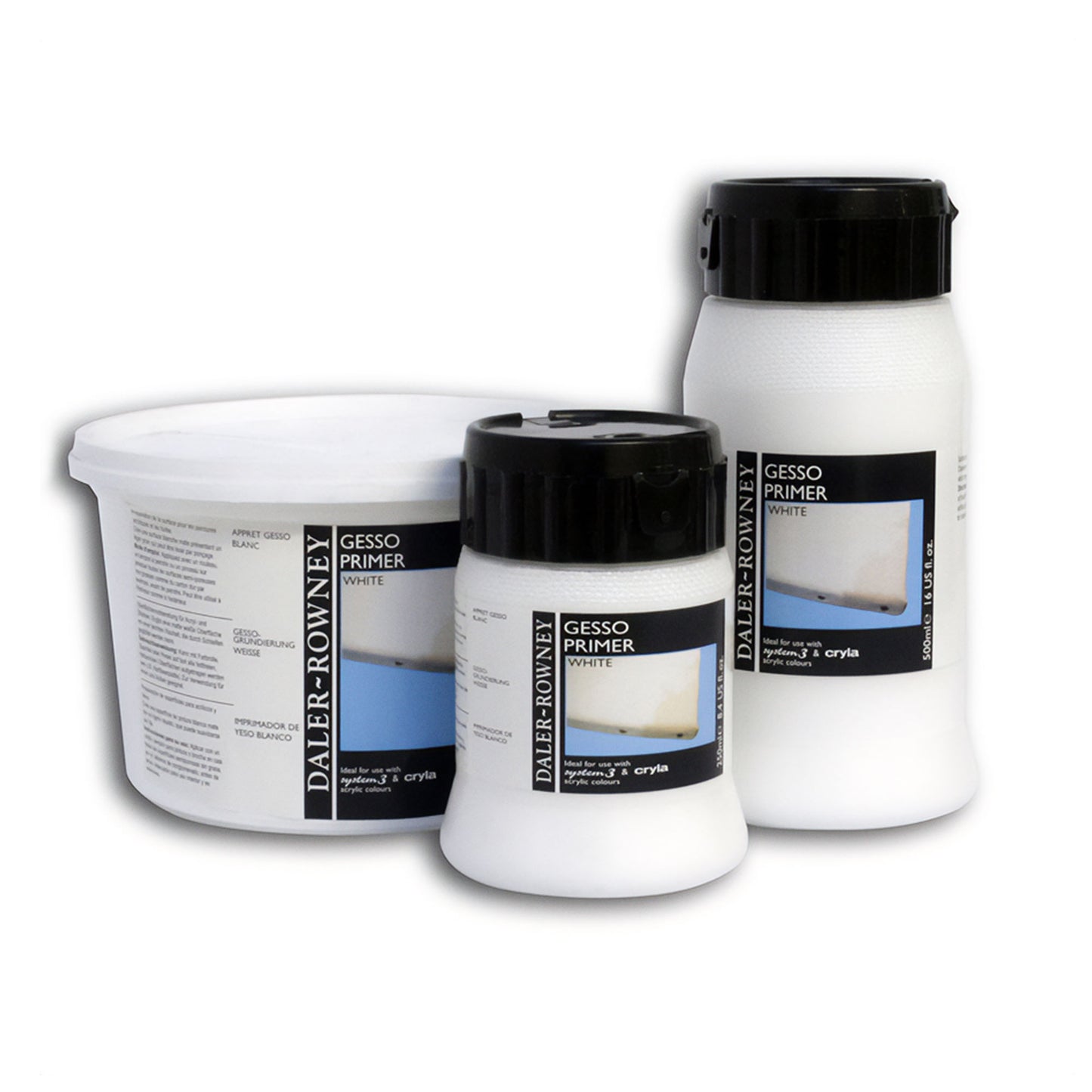 Daler-Rowney White Gesso Primer in various container sizes for artists and crafters.