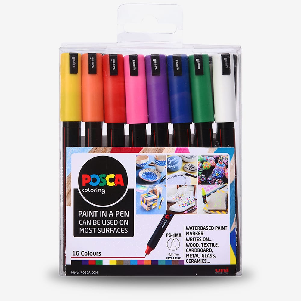 Uni : Posca Marker : PC-1MR : Ultra-Fine Pin Tip : 0.7mm : Assorted Colours Set of 16