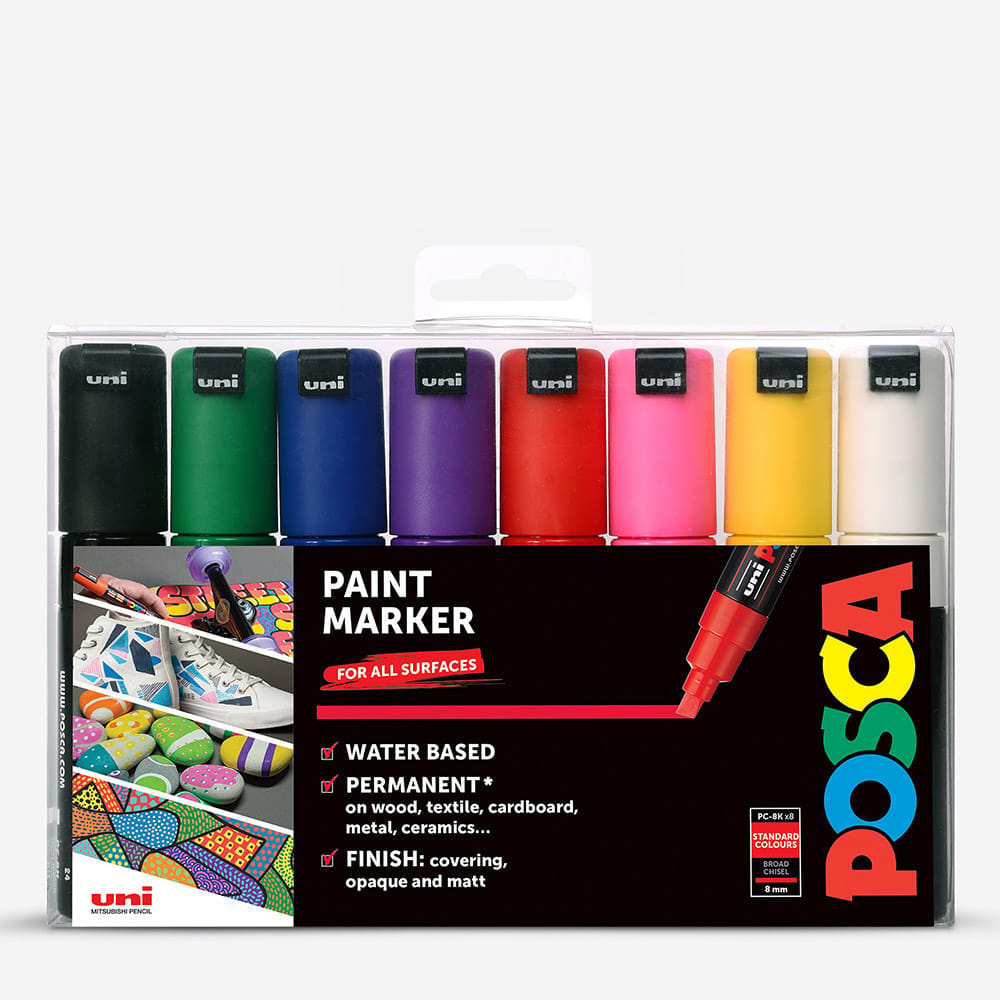 Uni : Posca : PC-8K : Medium Chisel Tip : 8mm : Set of 8 : Starter Pack