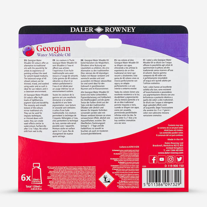 Daler-Rowney : Georgian Water Mixable Oil Paint : Starter Set : 20ml : Set Of 6