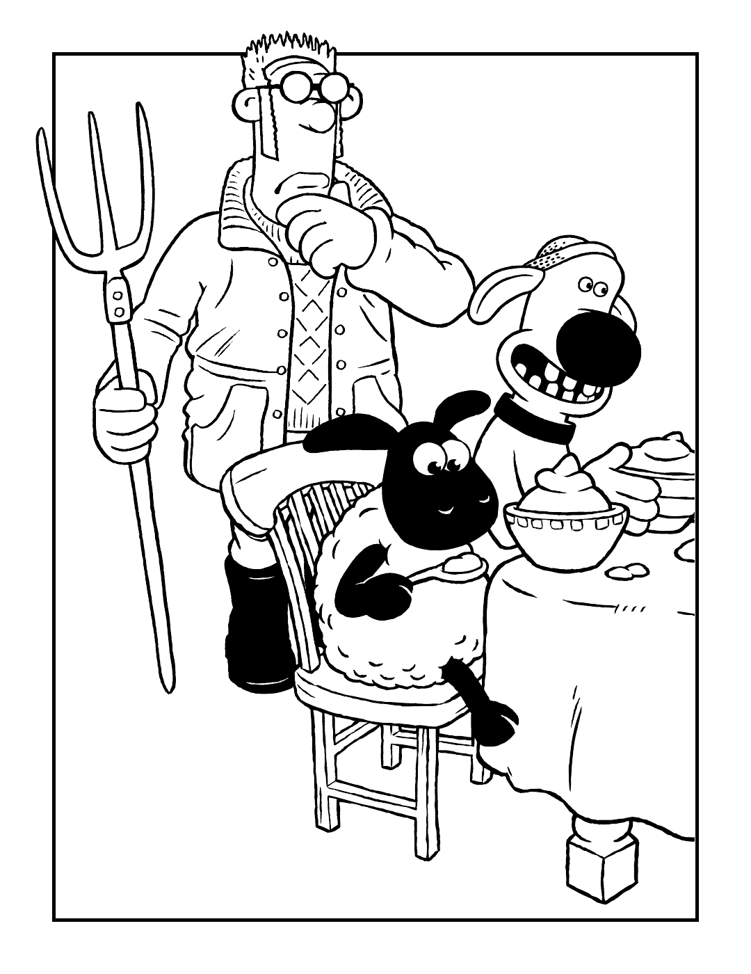 Sample Page 2 - An illustration featuring featuring Shaun the Sheep's farmer looking confused over Timmy