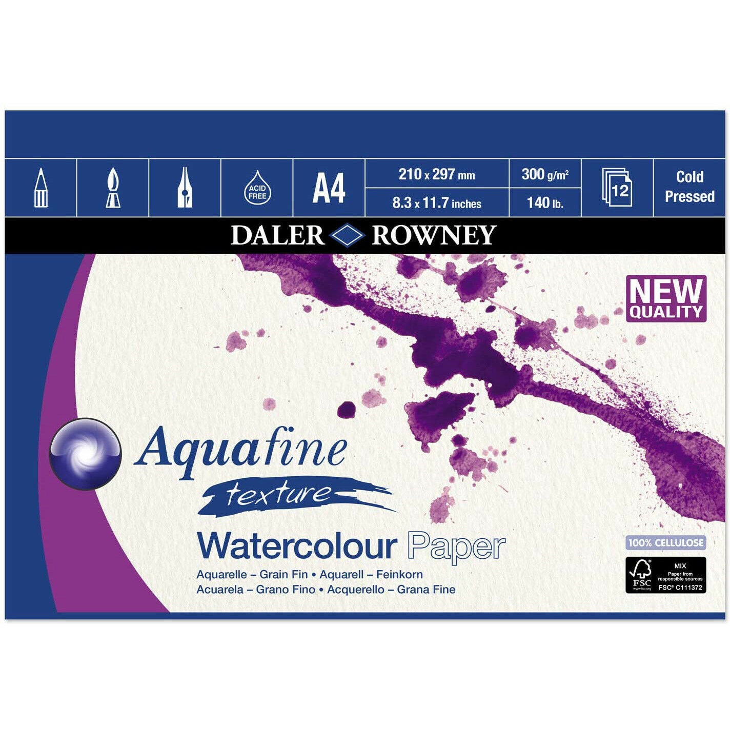 Daler-Rowney Aquafine Watercolour Paper Pads - COLD PRESSED - 12 Sheets