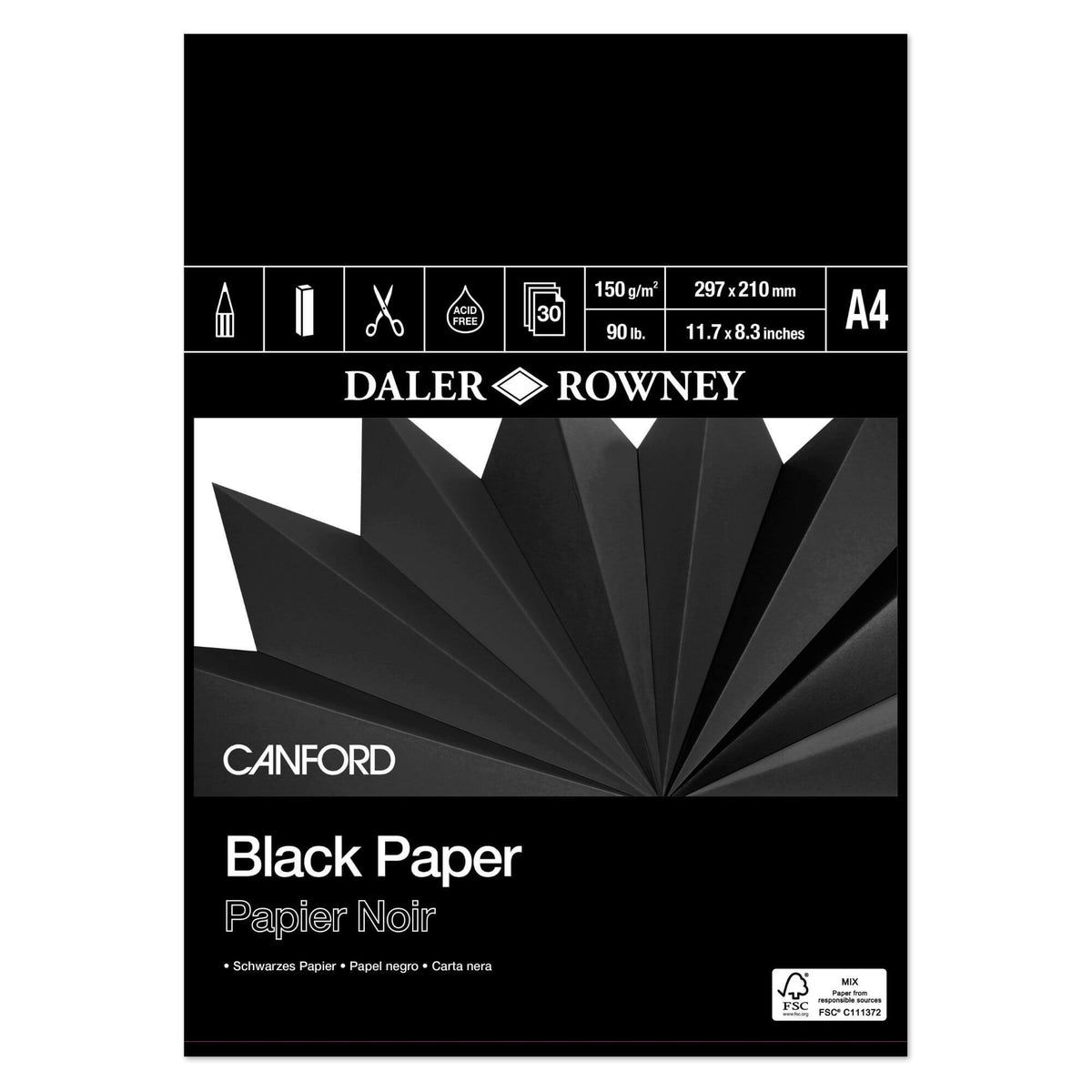 Daler-Rowney Canford Black Pad 150gsm 30 sheets pack featuring A4 black paper, ideal for various art projects.