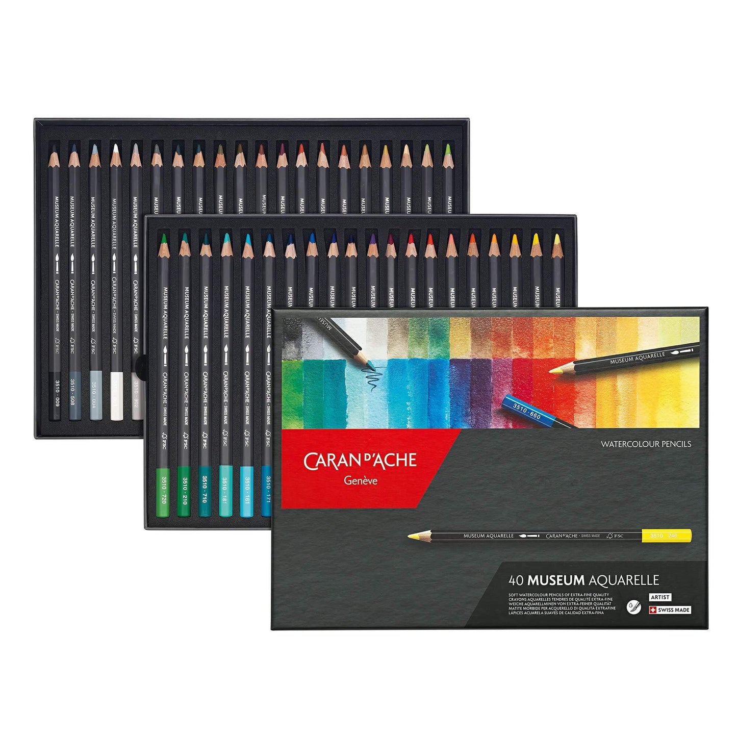 Caran d'Ache Museum Aquarelle Pencils - Set of 40, Open.