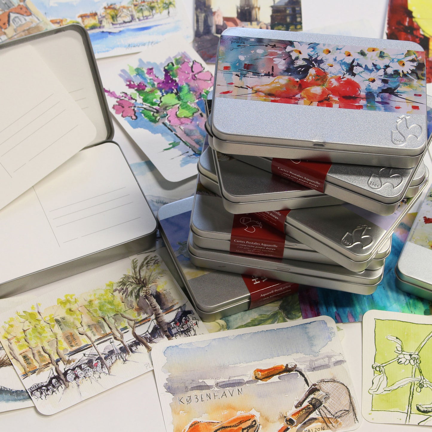 Hahnemuhle Watercolour Postcard Metal Tins - Mood Image with Sample Paintings
