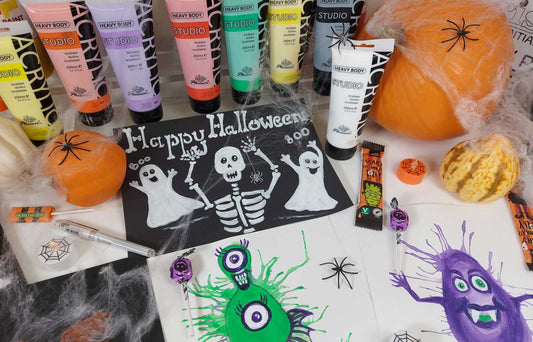 Halloween Art and Design Supplies including paints, pumpkins, and spooky crafts for Halloween celebrations.
