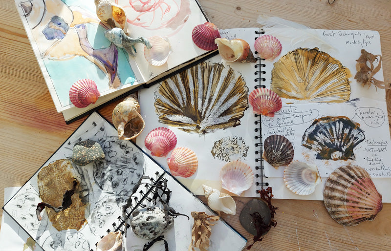 3 open sketchbooks filled with mixed media paintings and drawings surrounded by pink shells and textured stones.