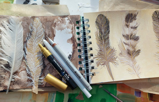 A double page spread open sketchbook page with neutral coloured pages and delicately painted feathers in ink and edged in gold pen