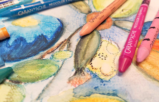 Colourful close up image of flowers and flower pods, using Caran D'ache Neocolor 11 Aquarelle Wax Pastels