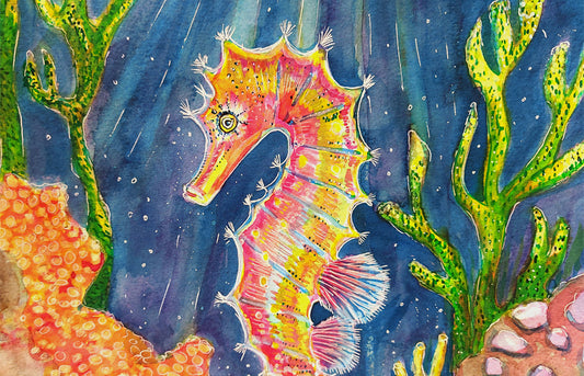 image of an underwater scene with coral and a seahorse created with inks