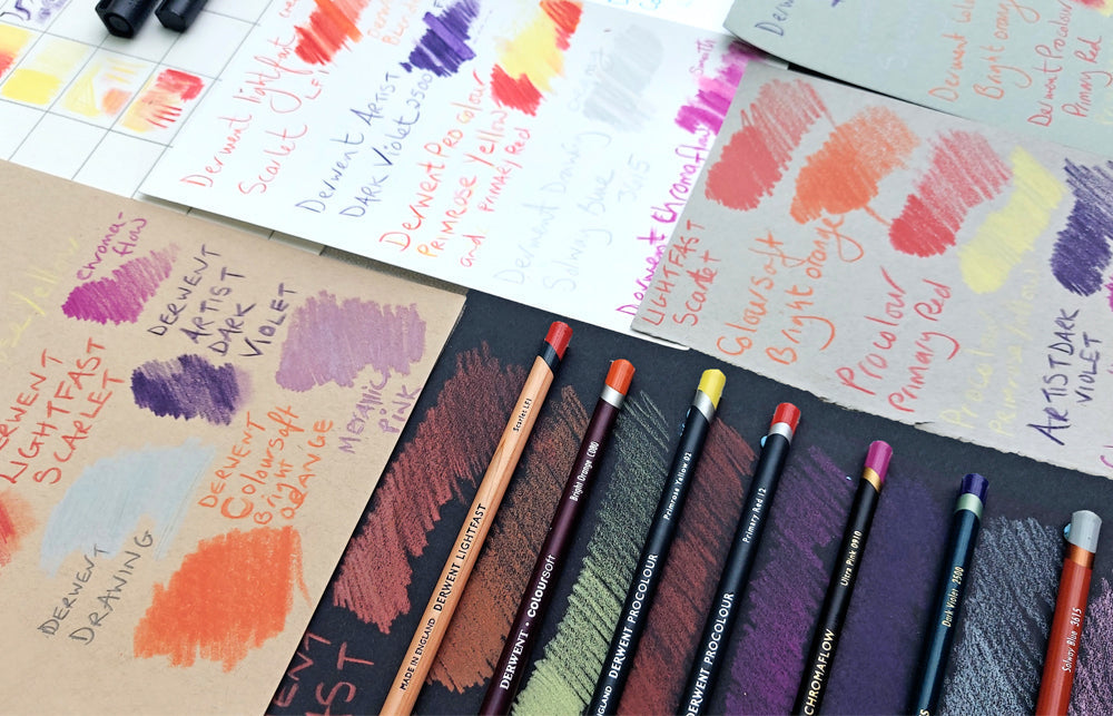 colour swatches on black, grey, white and buff coloured paper created with Derwent's coloured pencils.