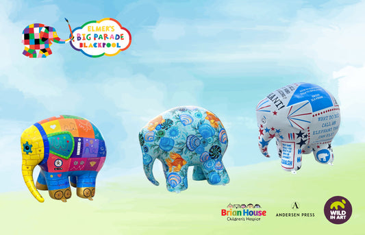 Painted Elephant sculptures all in a row. Sculptures were part of Elmer's Big Parade in Blackpool