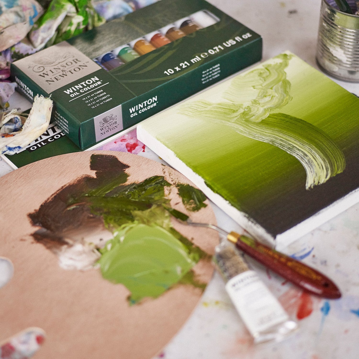Oil Painting Set with Winton oil colours and palette featuring blended green paints.