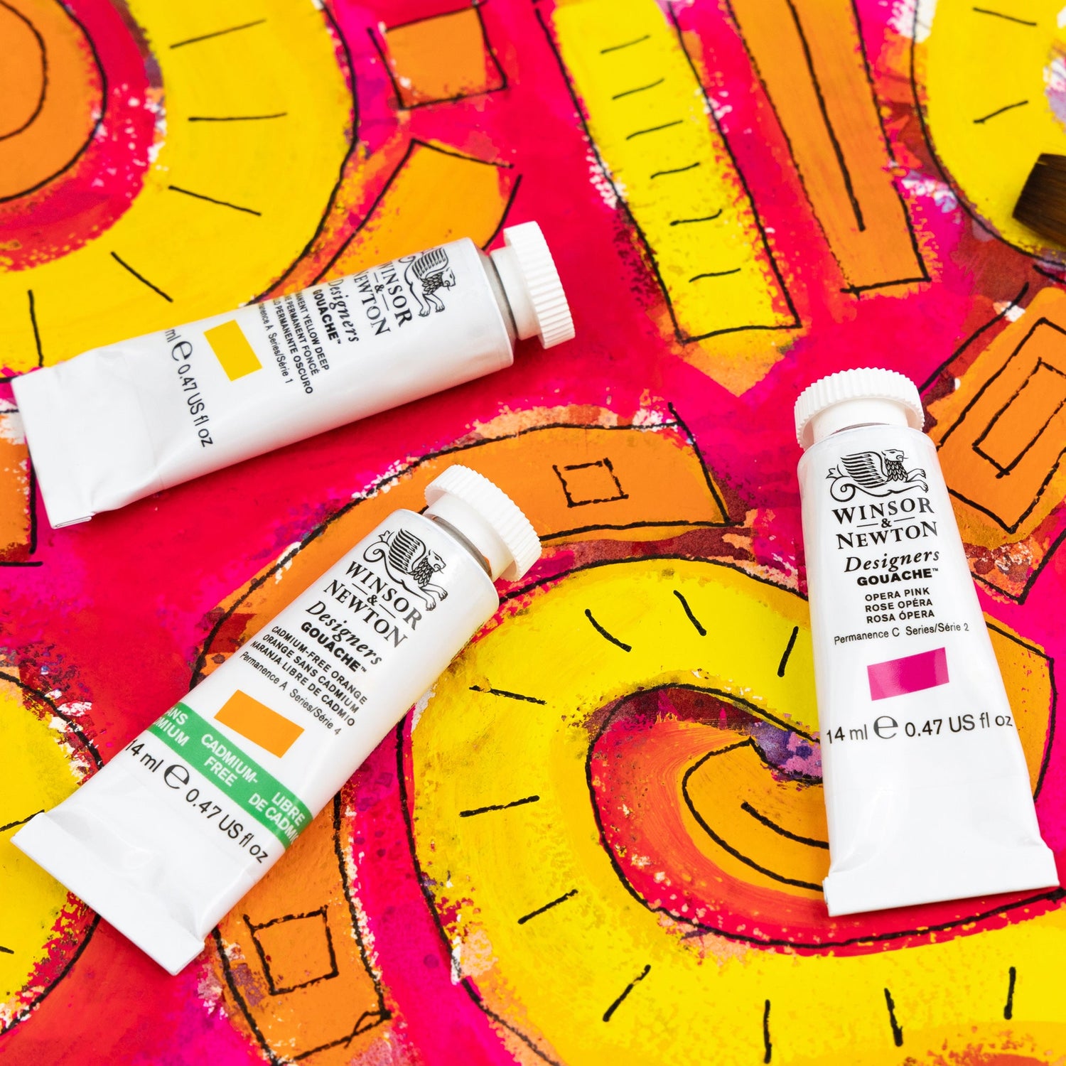 Buy gouache paint tubes on vibrant abstract background showcasing superior color quality and versatility.