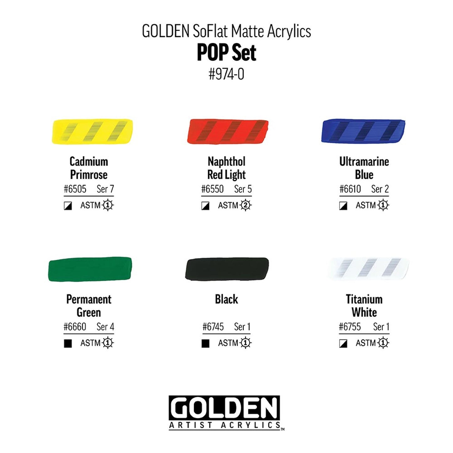 Color swatches of Golden Artist Acrylics with product name and brand logo.