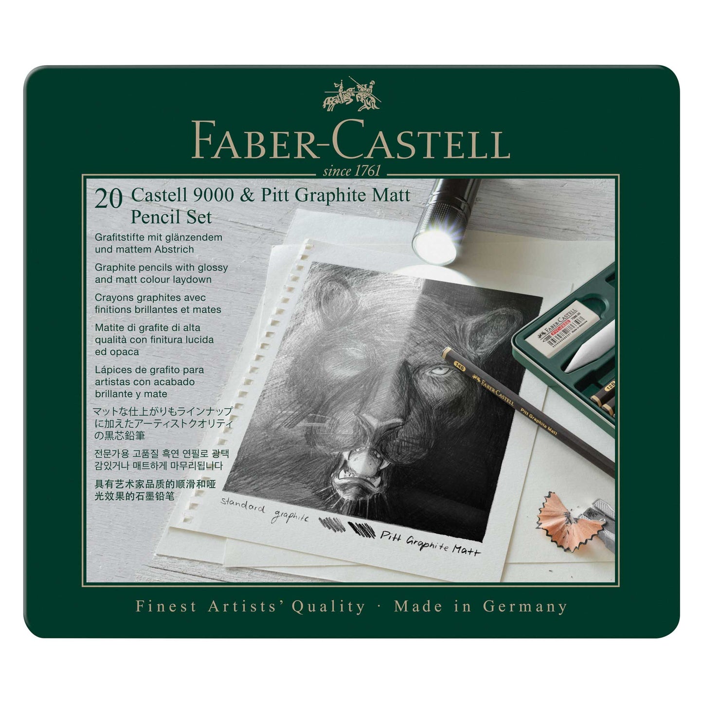 Tin of 20 includes Faber-Castell pencils and accessories.