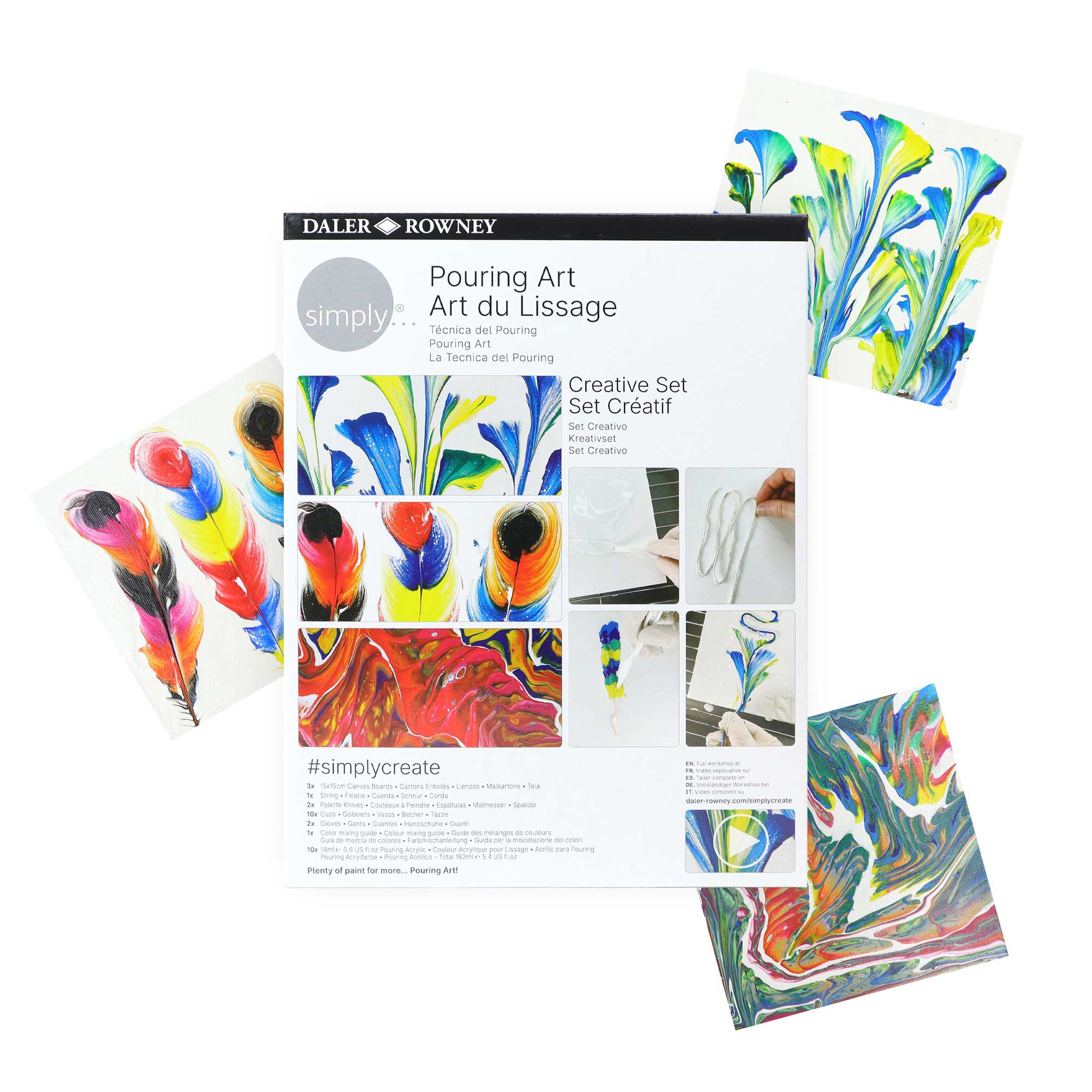 Daler-Rowney Simply Creative Set with canvas boards, palette knives, and pouring acrylics