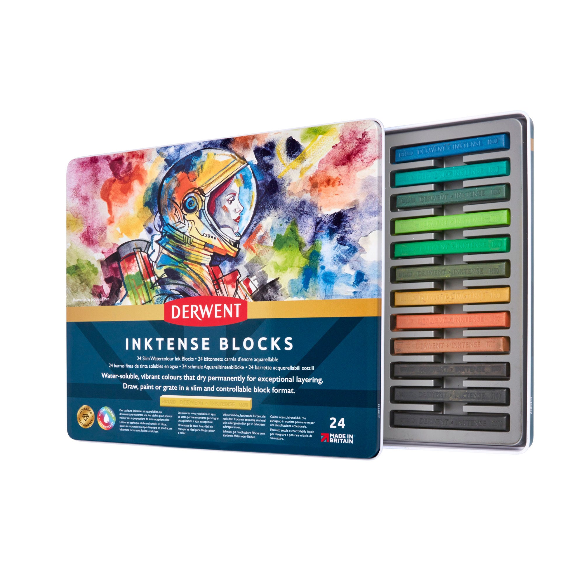 These Derwent Inktense Block Metal Tin Sets feature the brilliance of their Inktense pencils but in a slim block making it easy to cover large areas really quickly.