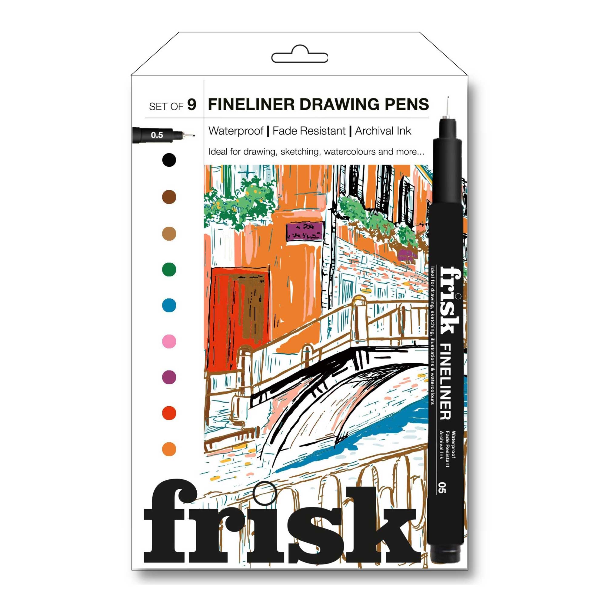 Frisk Coloured Fineliners - Set of 9 Assorted Colours - 0.5mm - Box