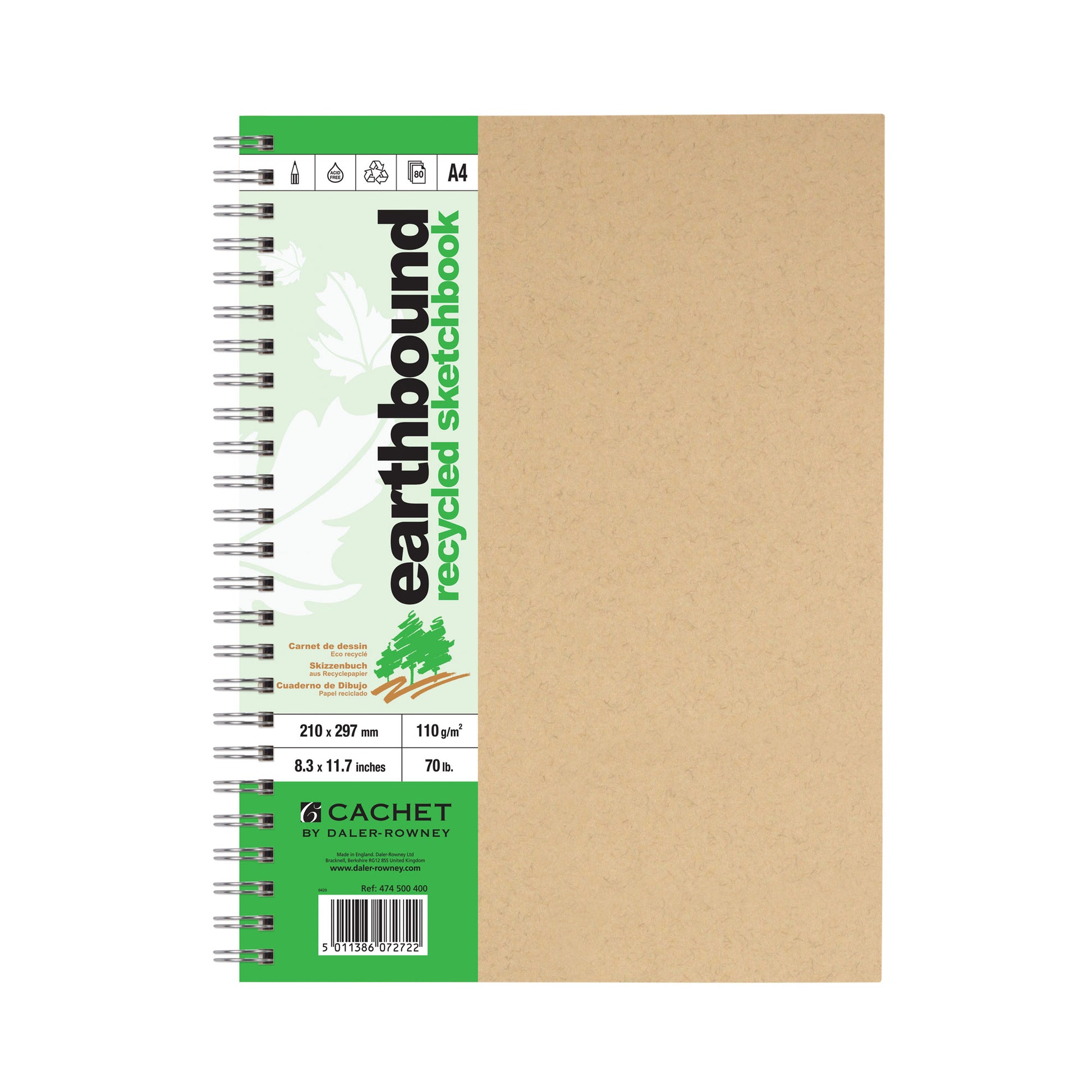 Daler-Rowney Cachet Earthbound Recycled Wire Bound Sketchbooks with natural buff cover and 110gsm paper.