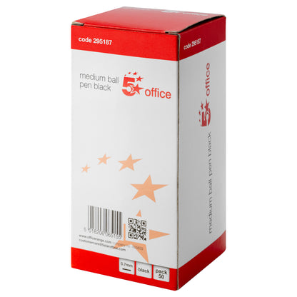 5 Star Office - Medium Ballpoint Biro Pens - Black - Box of 50