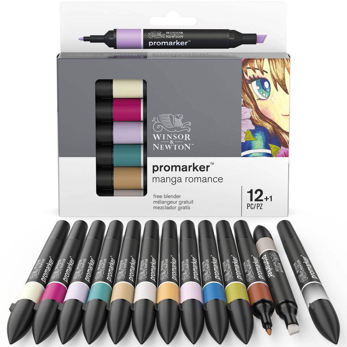 Winsor &amp; Newton Promarker Manga Romance Set of 12 + Blender