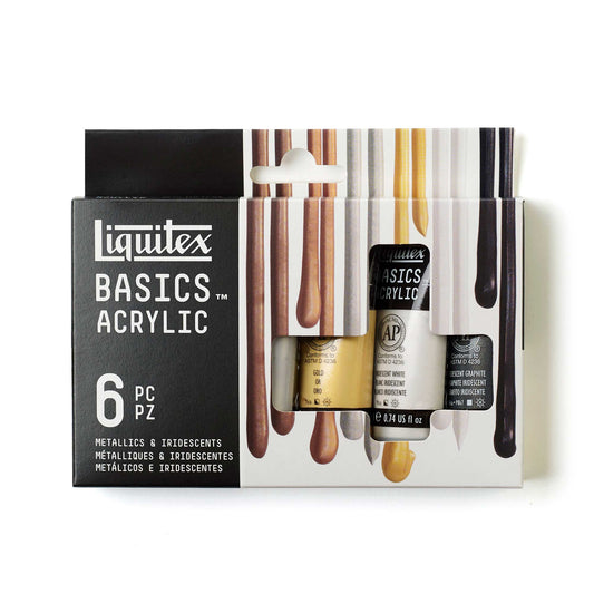 6 lustrous metallic and iridescent acrylic colours made with artist quality pigments.