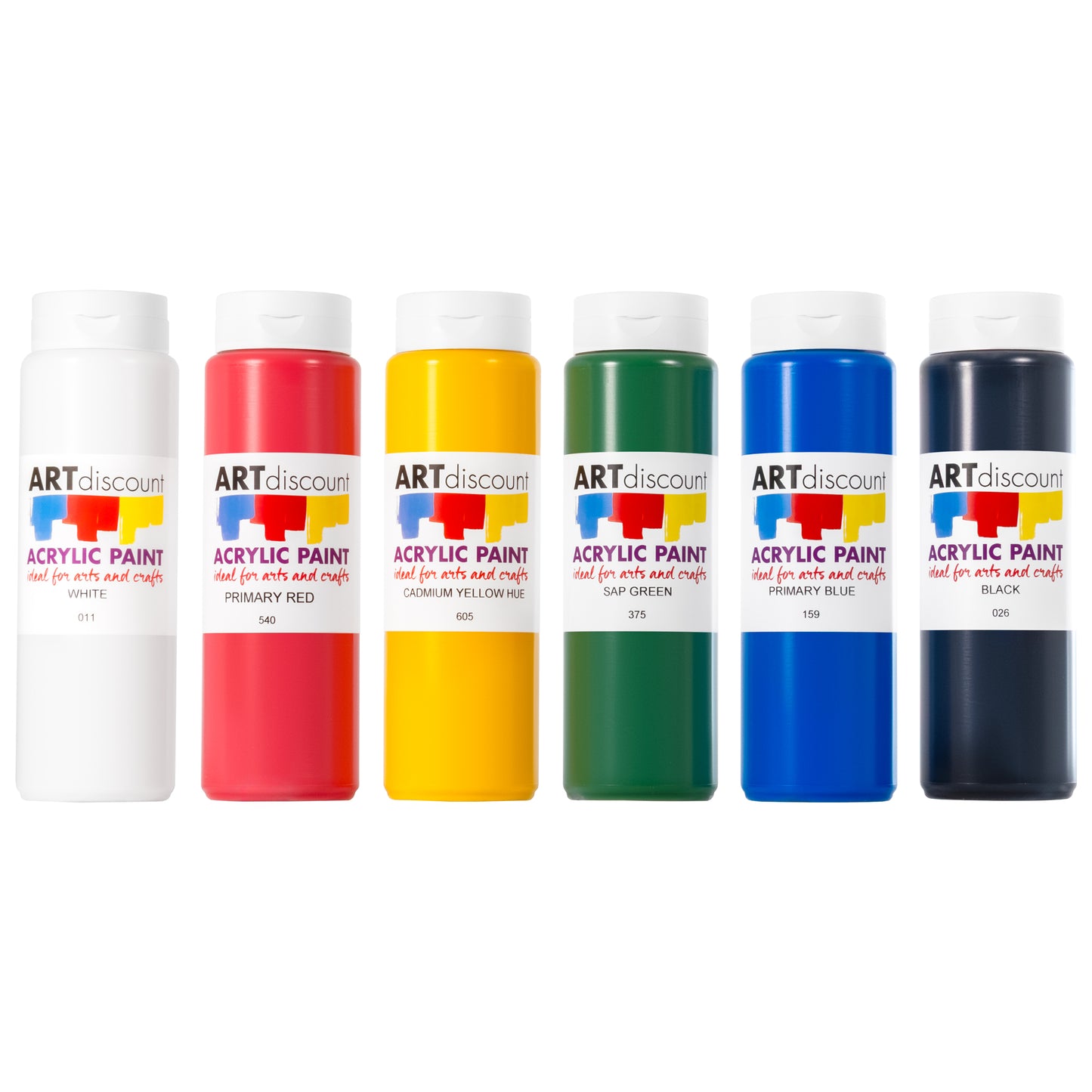 ARTdiscount Acrylic Paint 500ml bottles - Assorted Colours - Trial Pack of 6