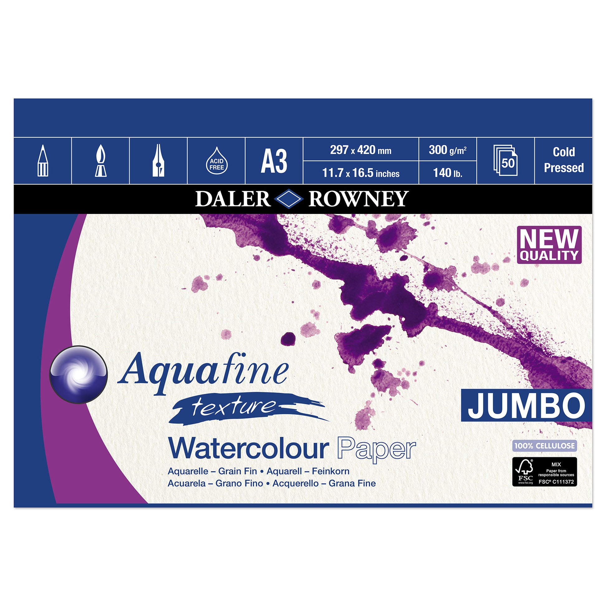 Daler-Rowney Aquafine JUMBO Watercolour Pads - 300gsm (140lb) - COLD PRESSED