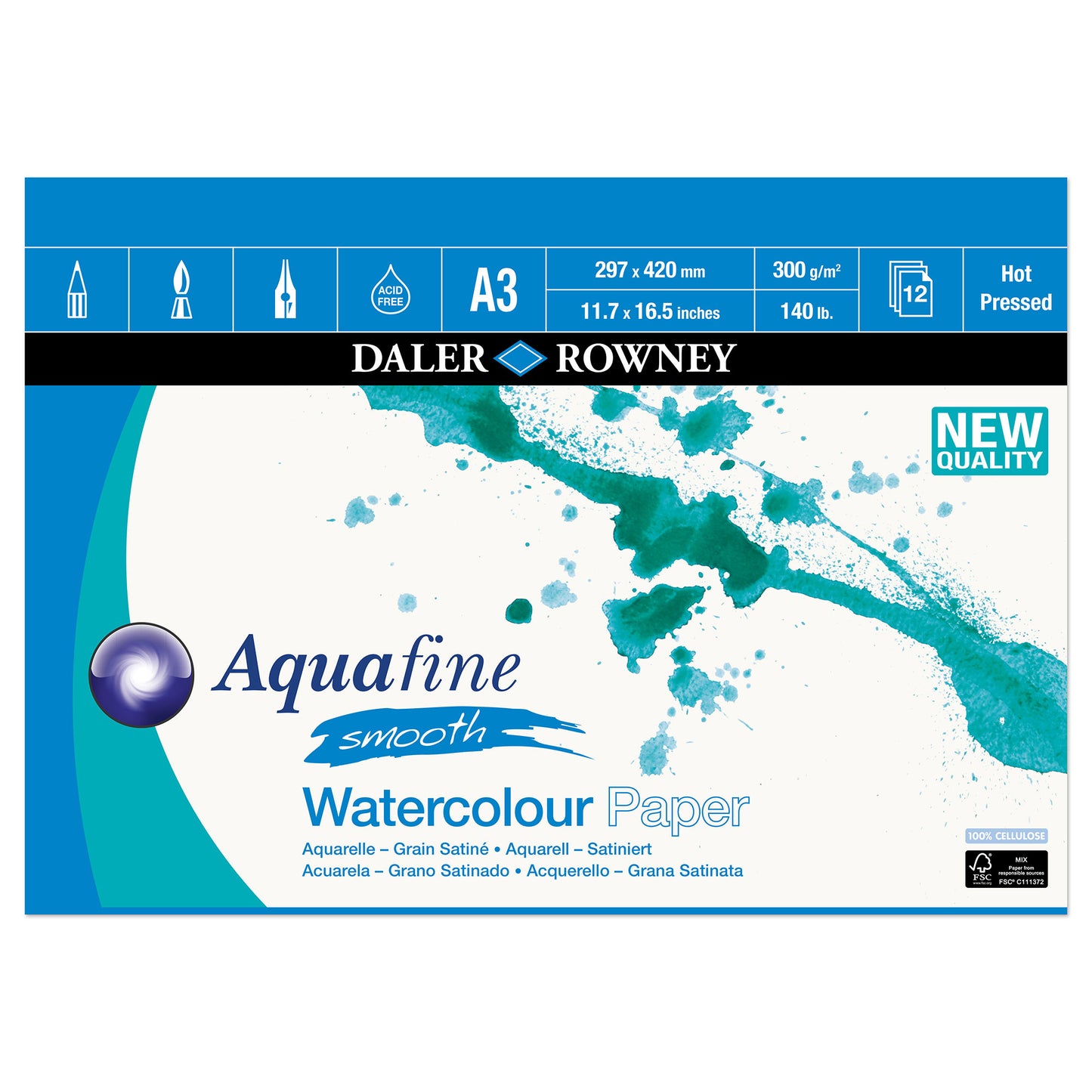 Daler-Rowney Aquafine Watercolour Pads - 300gsm (140lb) - HOT PRESSED