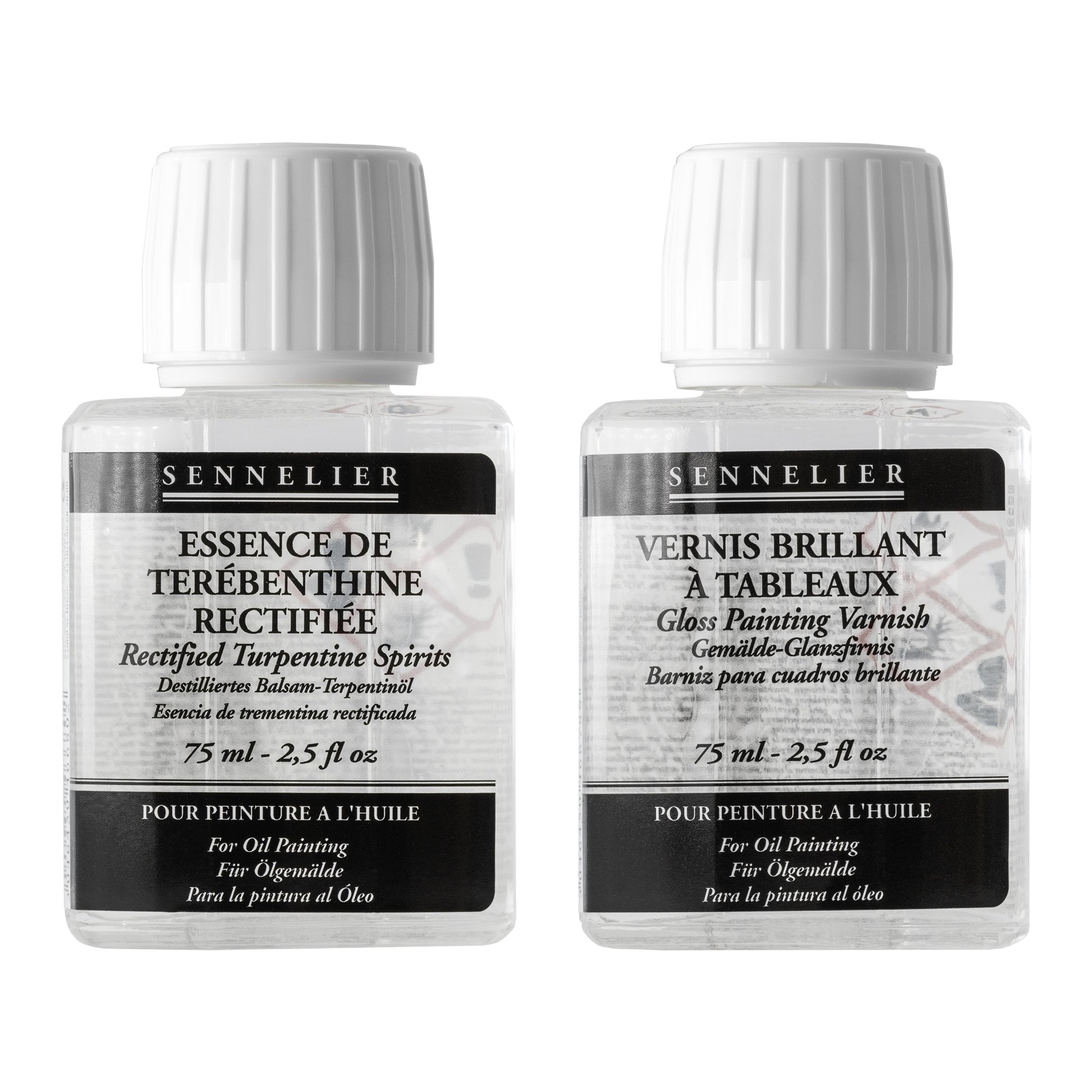 Sennelier Rectified Turpentine Spirits and Gloss Painting Varnish Closeup