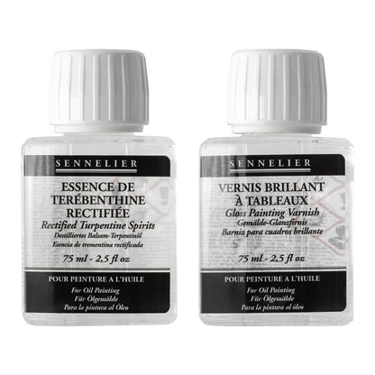 Sennelier Rectified Turpentine Spirits and Gloss Painting Varnish Closeup