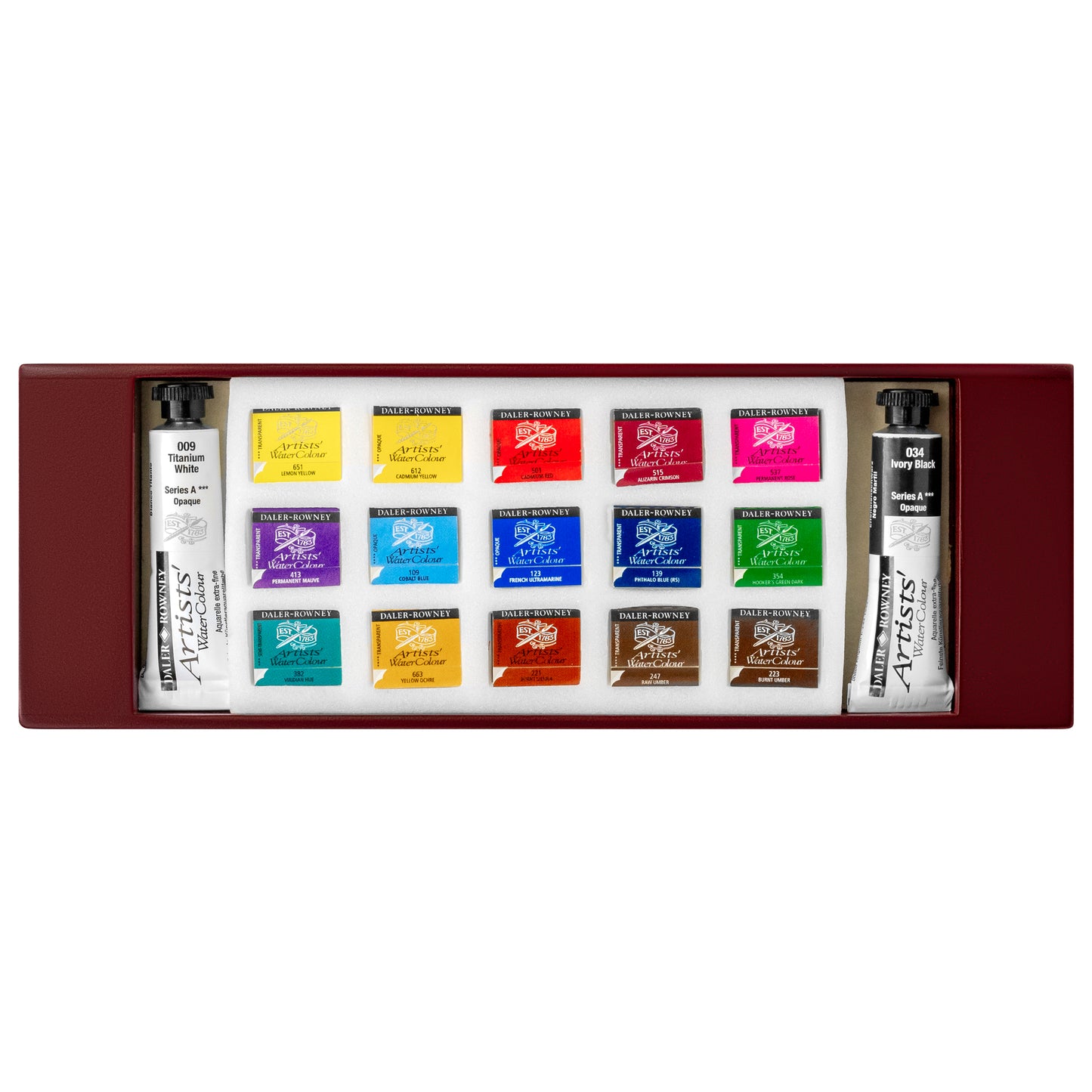 Closeup of the colours included in the wooden box set