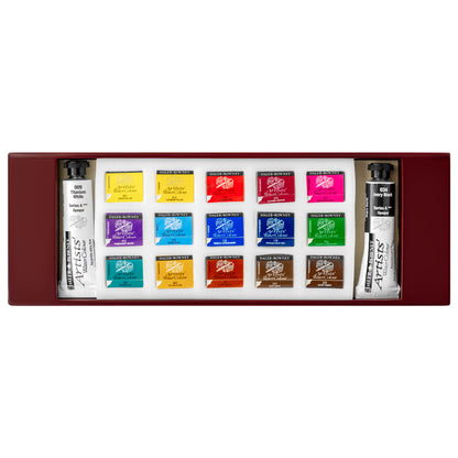 Closeup of the colours included in the wooden box set