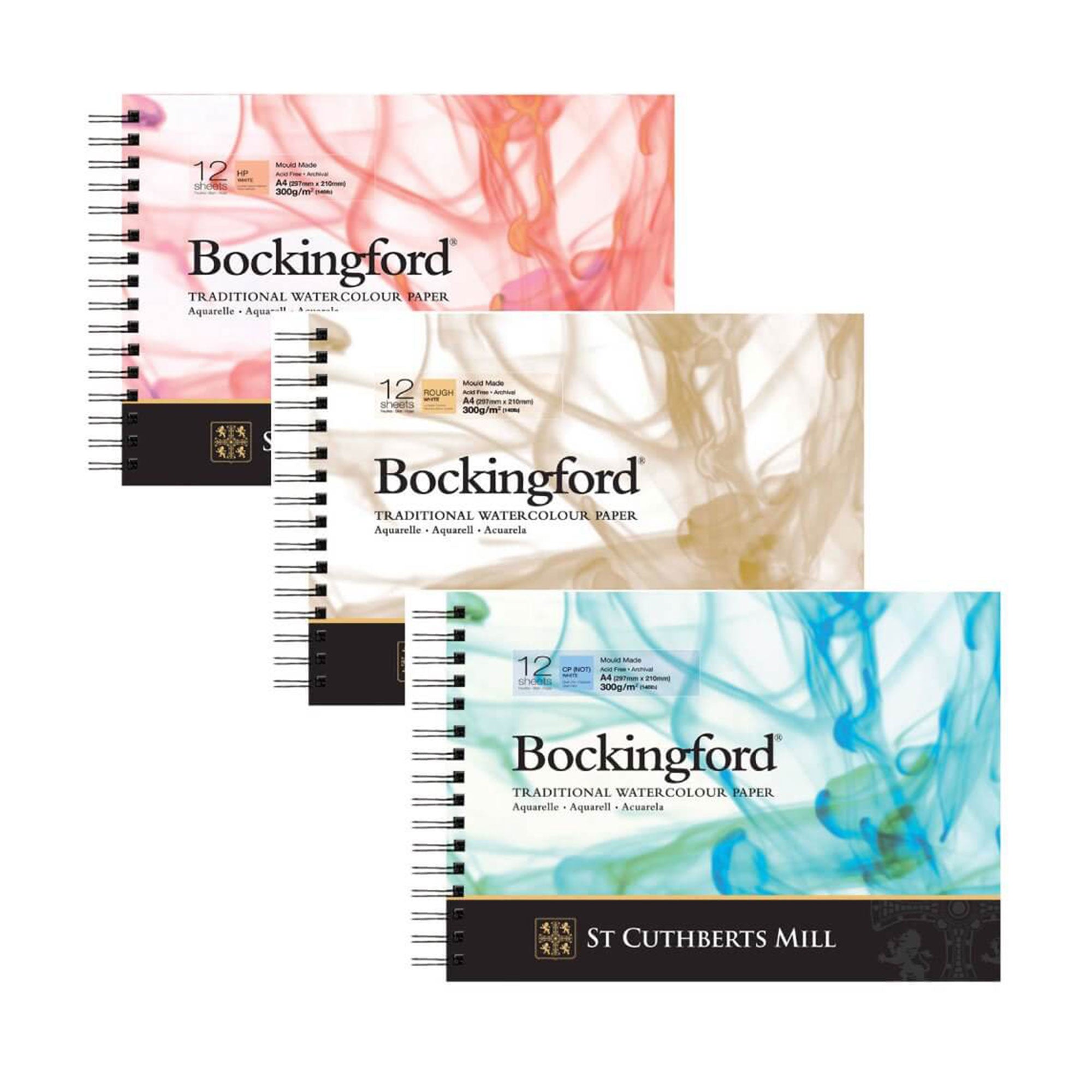 Bockingford Watercolour Colour Spiral Pads in Hot Pressed, Rough, and Cold Pressed (NOT) variants 
