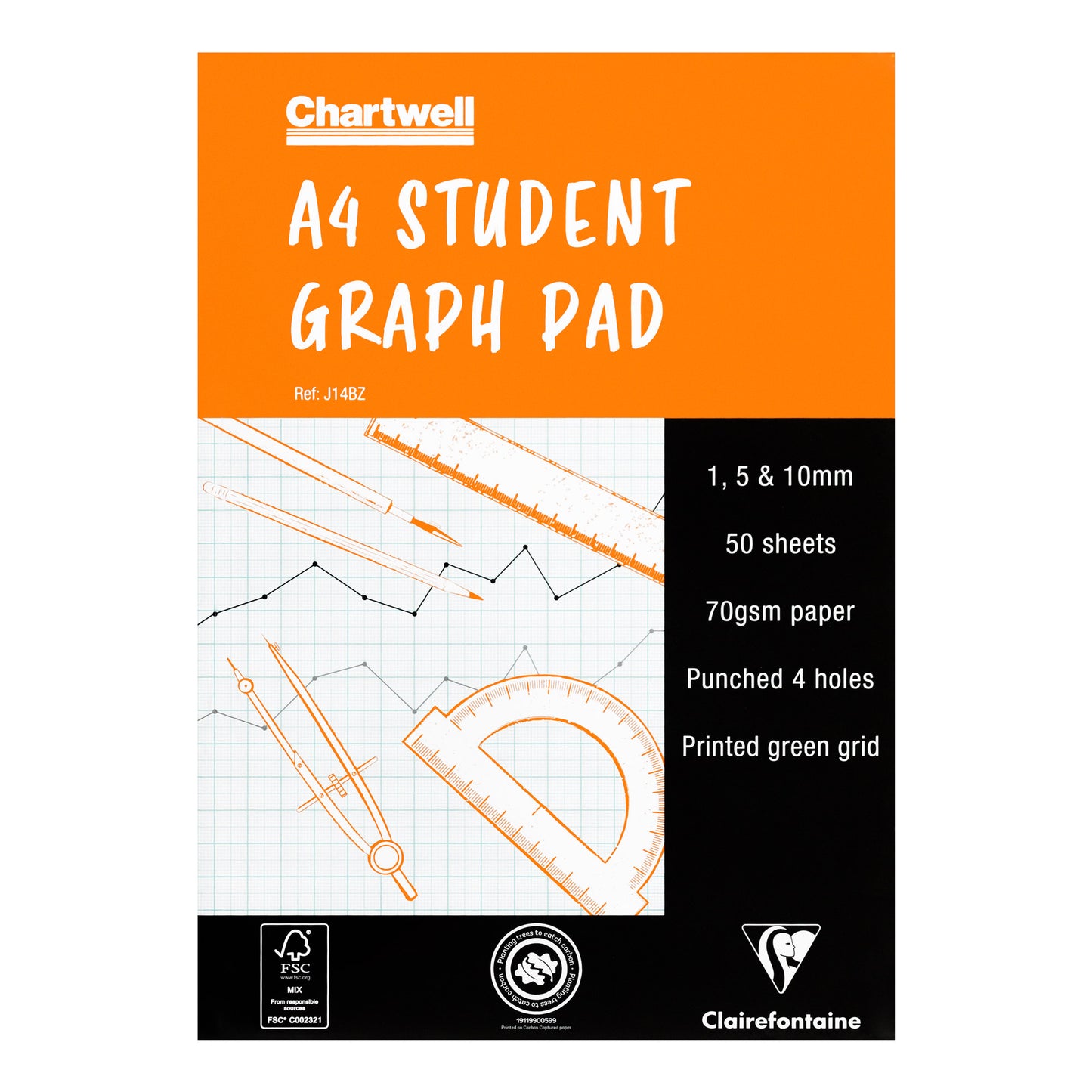 Chartwell A4 Student Graph Pad packaging with grid design and product details.