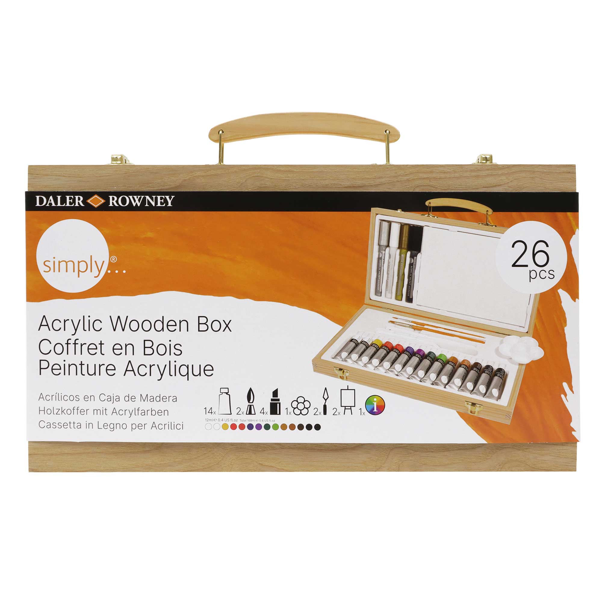 Daler-Rowney Simply Acrylic Wooden Box - 26 pieces - Front of the box