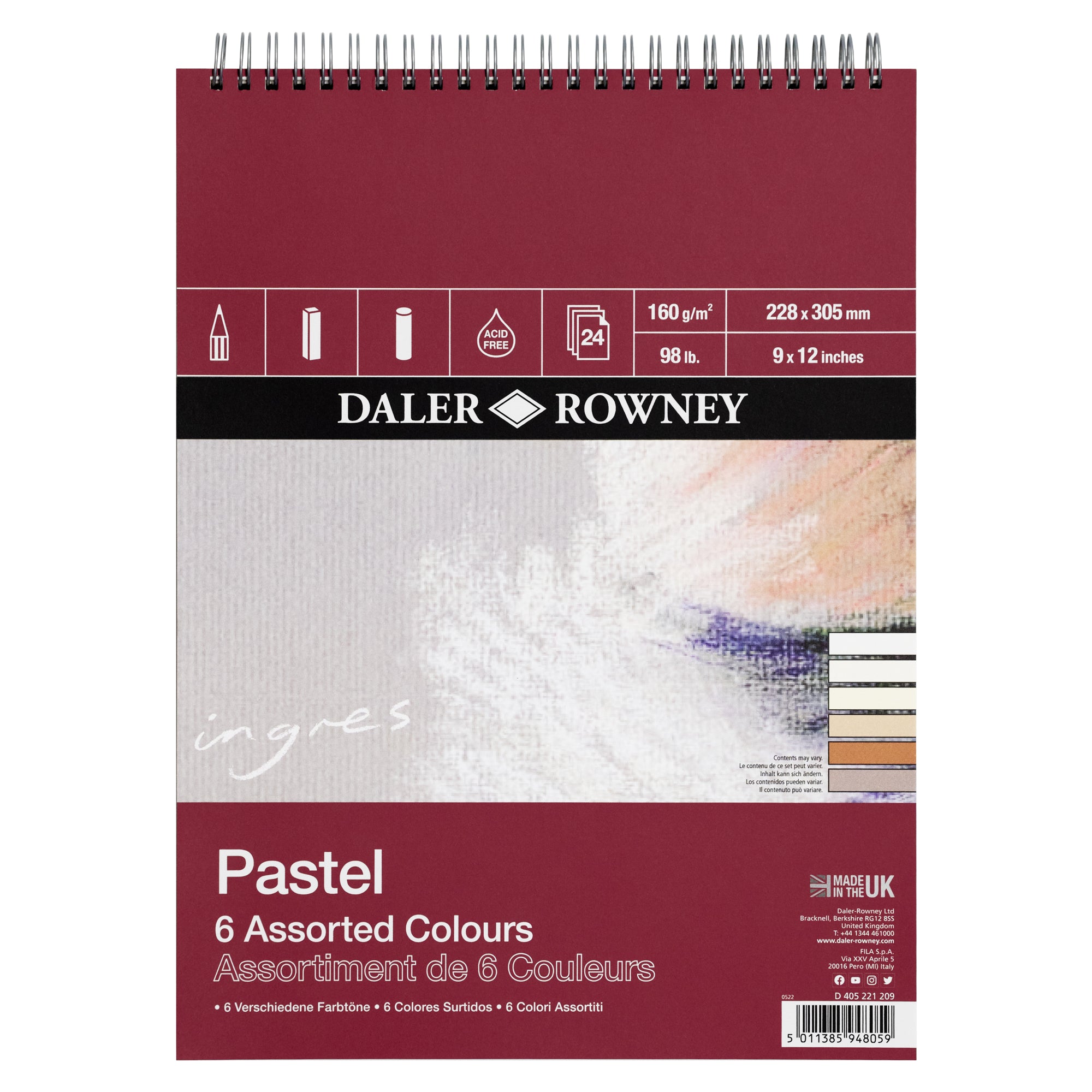 Daler-Rowney Ingres Spiral Pastel Pads - 6 Assorted Colours, 24 sheets of assorted white toned papers.