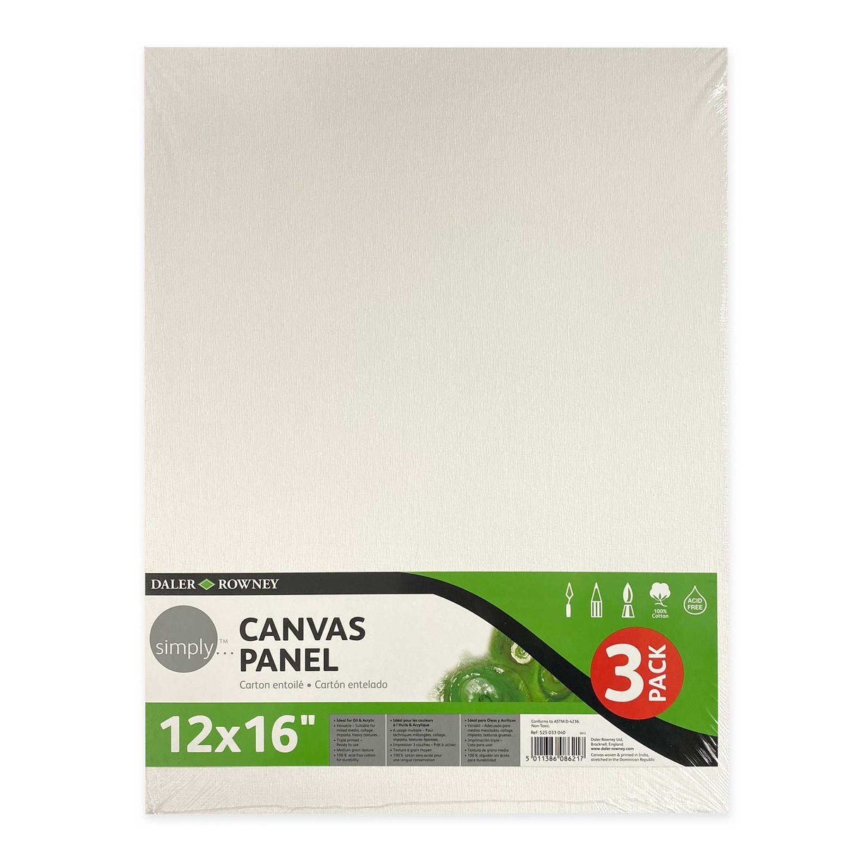 Daler-Rowney Simply Canvas Panels Pack of 3 - 12&quot; x 16&quot;