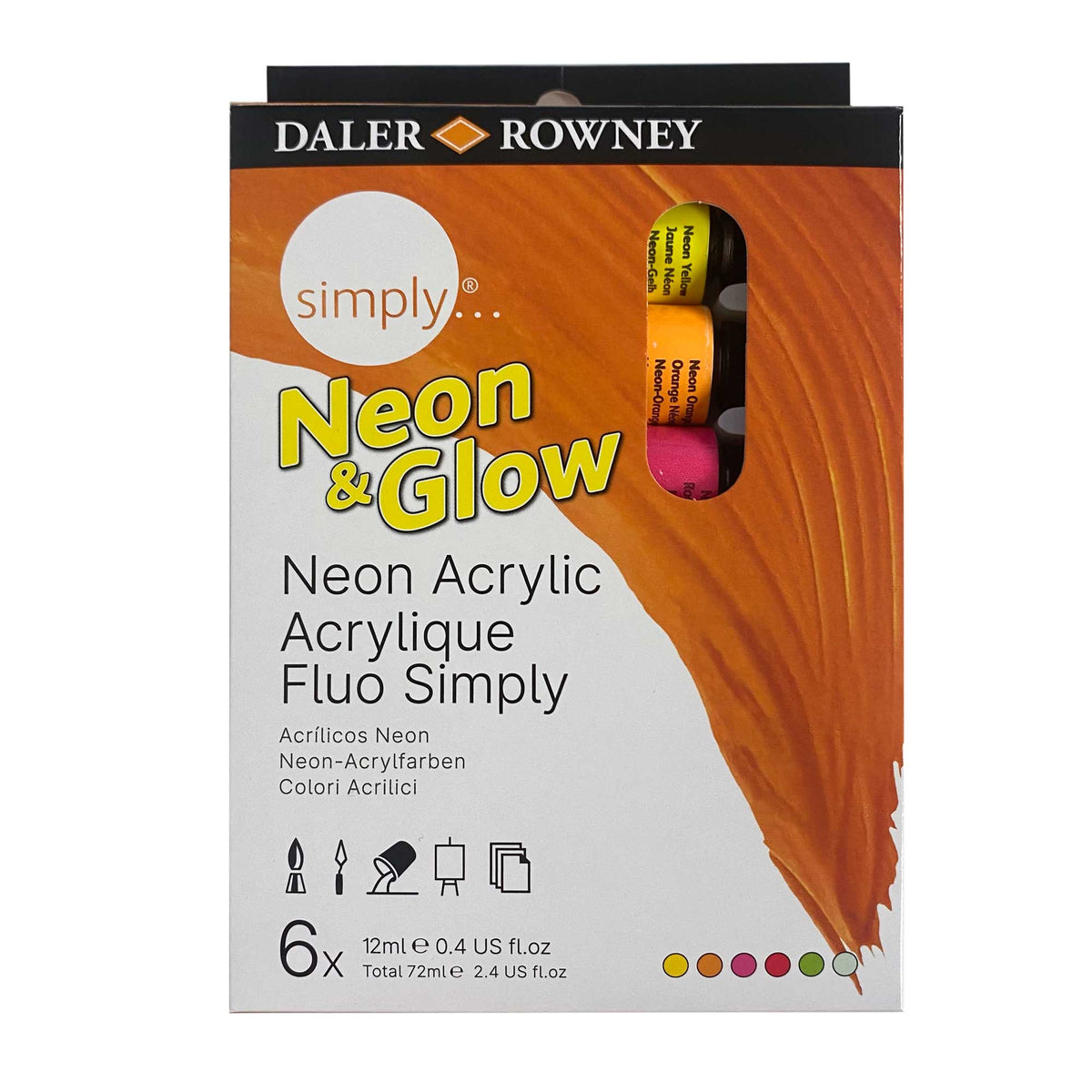 Daler-Rowney Simply Neon Acrylic 6 x 12ml - Neon &amp; Glow - Front of the box