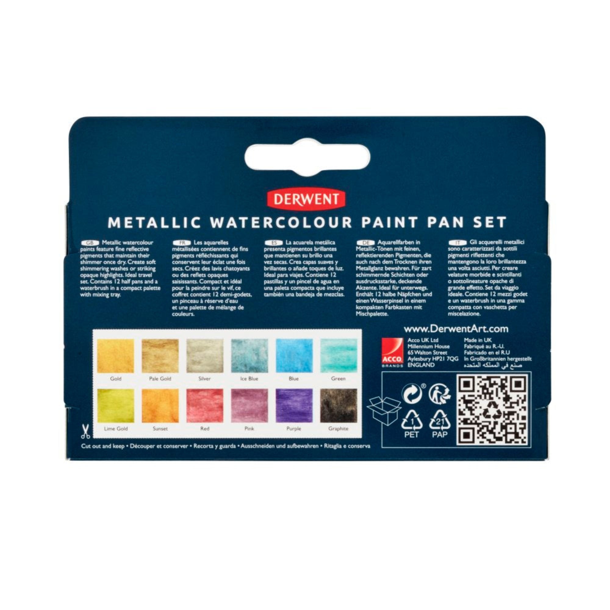 Derwent Metallic Watercolour Paint Pans - Set of 12 - Back of Box